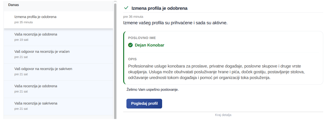 Primer obaveštavanja korisnika