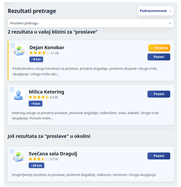 Primer rezultata pretrage pružalaca usluga